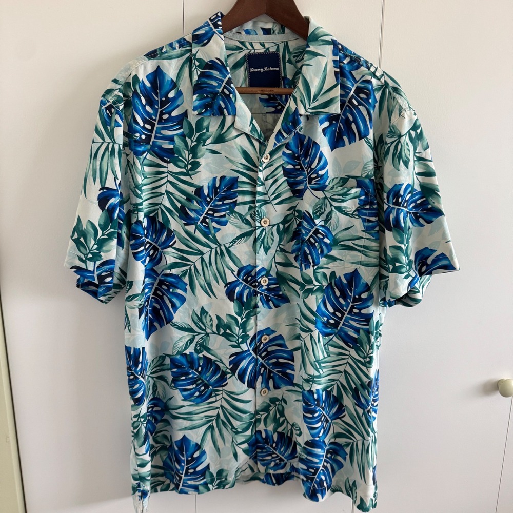 Tommy Bahama Mens Silk Monstera Palm Tropical Camp Shirt Blue Teal T317901 Large